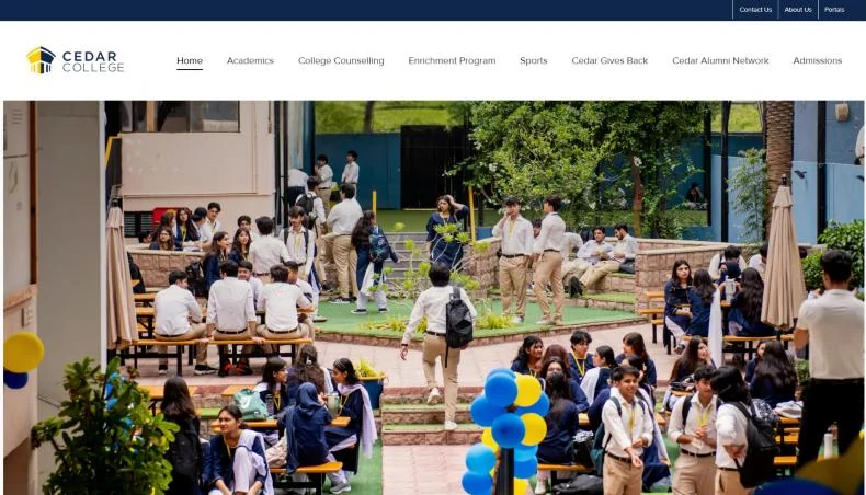 Cedar College homepage on desktop: the navigation bar above a full-width photo of students in the campus courtyard
