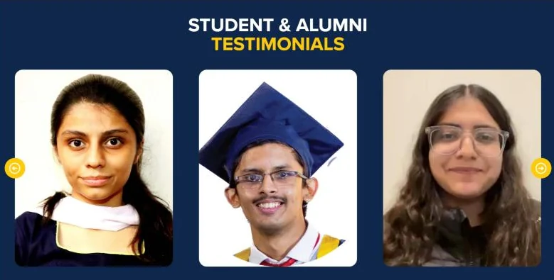 Student and alumni testimonials slider showing three student portraits on a navy background